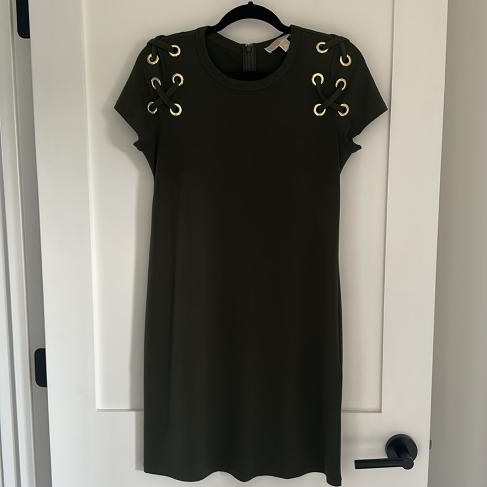 Michael Kors Olive Mini Dress with Lace-Up Detail